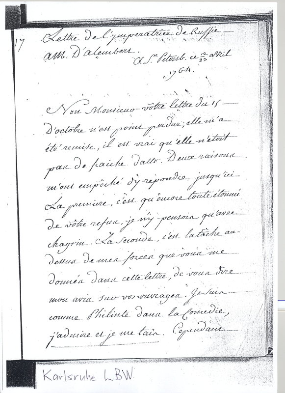 Lettre de Catherine II à D'Alembert, 23 avril 1764 Lettre de Catherine II à D'Alembert, 23 avril 1764