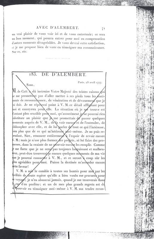Lettre de Frédéric II à D'Alembert, 7 mars 1777 Lettre de Frédéric II à D'Alembert, 7 mars 1777