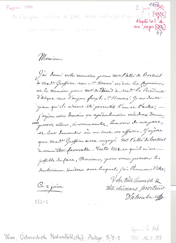 Lettre de D'Alembert à Thibault de Longecour, 2 juin 1767 Lettre de D'Alembert à Thibault de Longecour, 2 juin 1767