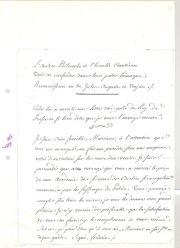 Lettre de Frédéric II à D'Alembert, 24 septembre 1746 Lettre de Frédéric II à D'Alembert, 24 septembre 1746