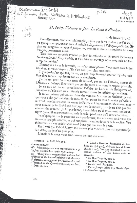 Lettre de Voltaire à D'Alembert, 12 janvier 1770