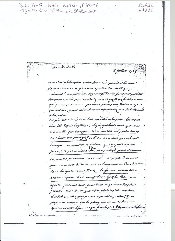 Lettre de Voltaire à D'Alembert, 8 juillet 1765 Lettre de Voltaire à D'Alembert, 8 juillet 1765