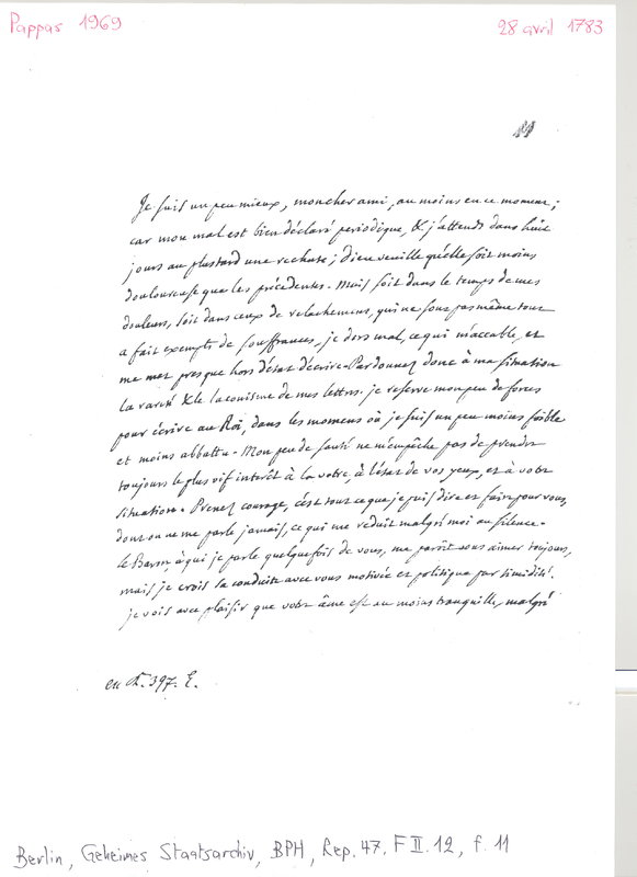 Lettre de D'Alembert à Catt, 28 avril 1783 Lettre de D'Alembert à Catt, 28 avril 1783