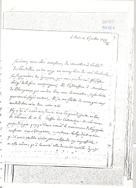 Lettre de D'Alembert à Cramer, 6 juillet 1749 Lettre de D'Alembert à Cramer, 6 juillet 1749