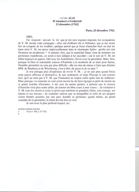 Lettre de D'Alembert à Frédéric II, 23 décembre 1762 Lettre de D'Alembert à Frédéric II, 23 décembre 1762