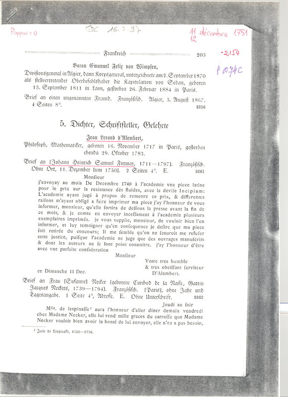Lettre de D'Alembert à Formey, 12 décembre 1751 Lettre de D'Alembert à Formey, 12 décembre 1751