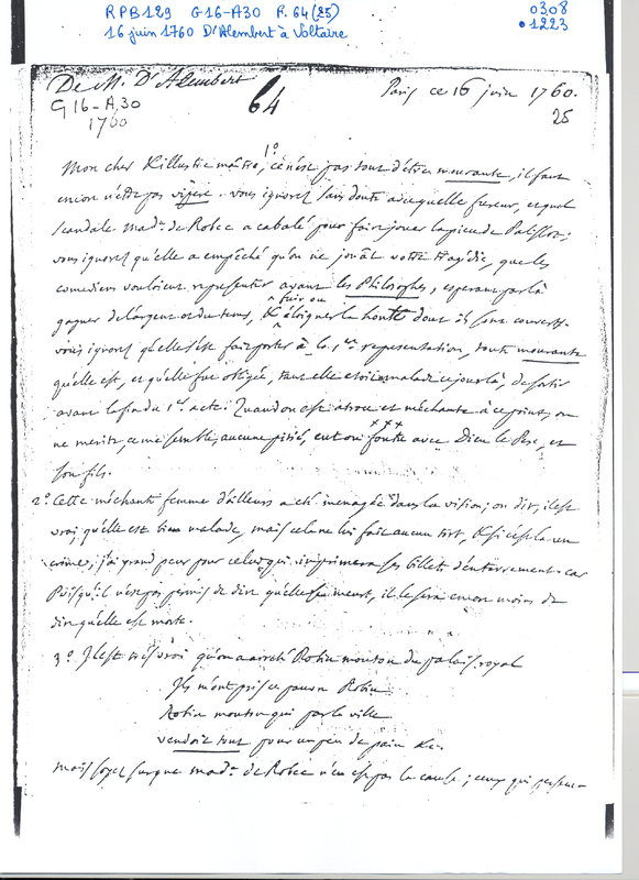 Lettre de D'Alembert à Voltaire, 16 juin 1760 Lettre de D'Alembert à Voltaire, 16 juin 1760