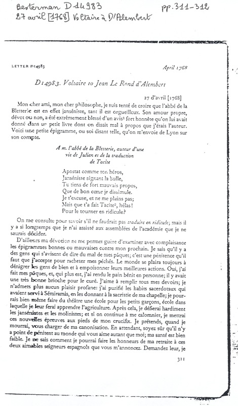 Lettre de Voltaire à D'Alembert, 27 avril 1768 Lettre de Voltaire à D'Alembert, 27 avril 1768