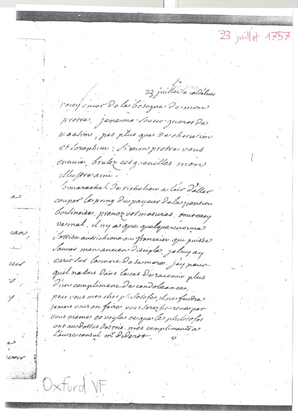 Lettre de Voltaire à D'Alembert, 23 juillet 1757 Lettre de Voltaire à D'Alembert, 23 juillet 1757