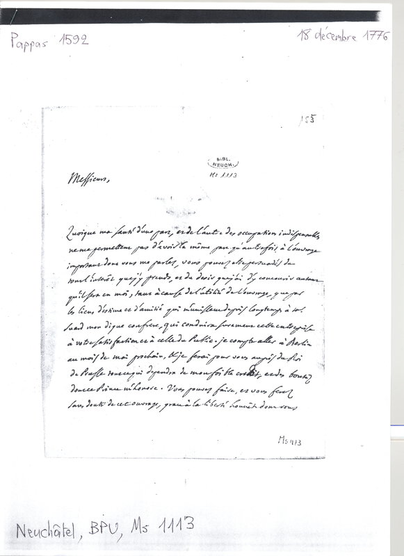 Lettre de D'Alembert à Société Typographique de Neuchâtel, 18 décembre 1776 Lettre de D'Alembert à Société Typographique de Neuchâtel, 18 décembre 1776