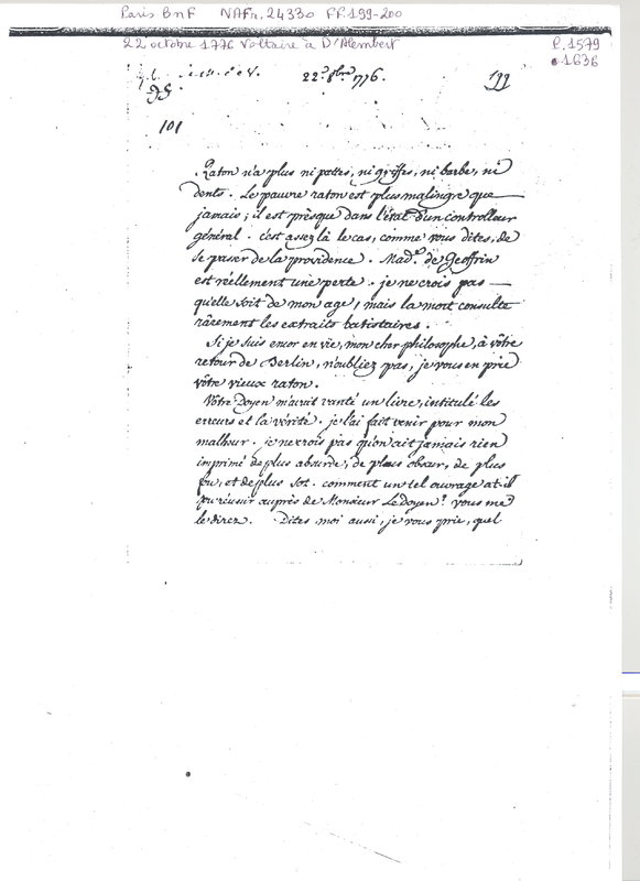 Lettre de Voltaire à D'Alembert, 22 octobre 1776