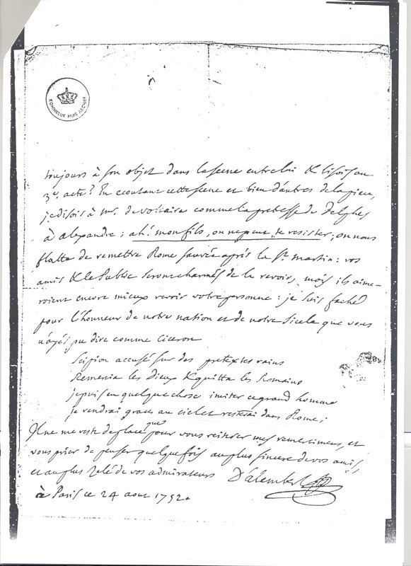 Lettre de D'Alembert à Voltaire, 24 août 1752