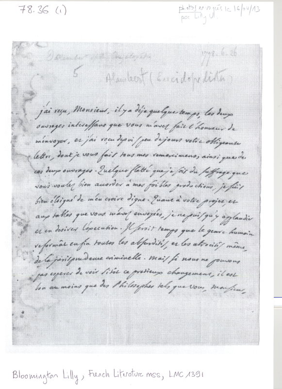 Lettre de D'Alembert à Bentham, 26 juin 1778