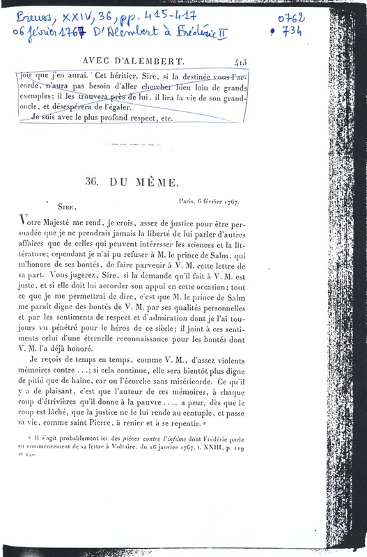 Lettre de D'Alembert à Frédéric II, 6 février 1767