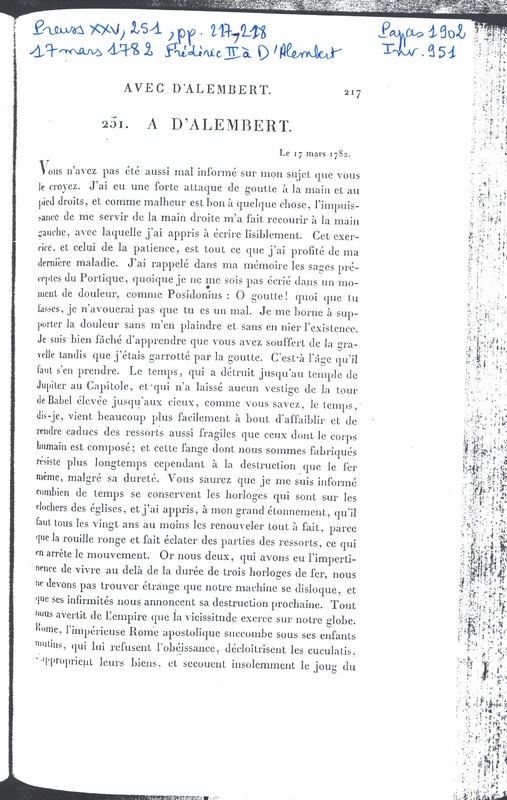 Lettre de Frédéric II à D'Alembert, 17 mars 1782 Lettre de Frédéric II à D'Alembert, 17 mars 1782