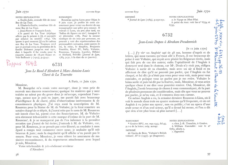 Lettre de D'Alembert à La Tourrette, 11 juin 1770