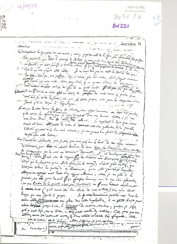 Lettre de Le Sage Georges Louis à D'Alembert, 15 avril 1757 Lettre de Le Sage Georges Louis à D'Alembert, 15 avril 1757