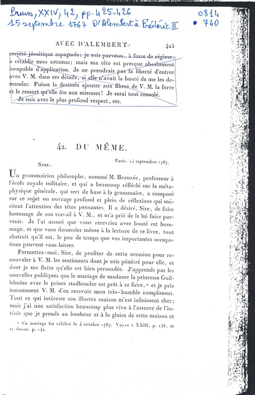 Lettre de D'Alembert à Frédéric II, 15 septembre 1767 Lettre de D'Alembert à Frédéric II, 15 septembre 1767