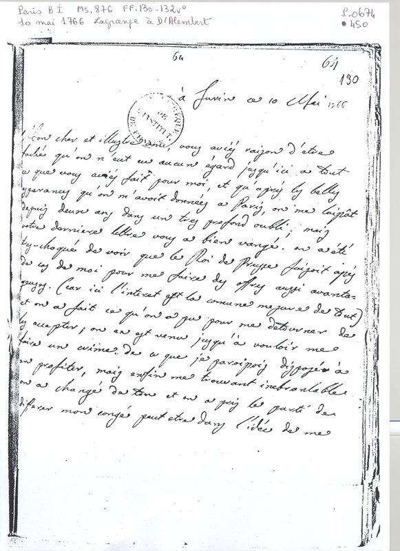 Lettre de Lagrange à D'Alembert, 10 mai 1766 Lettre de Lagrange à D'Alembert, 10 mai 1766