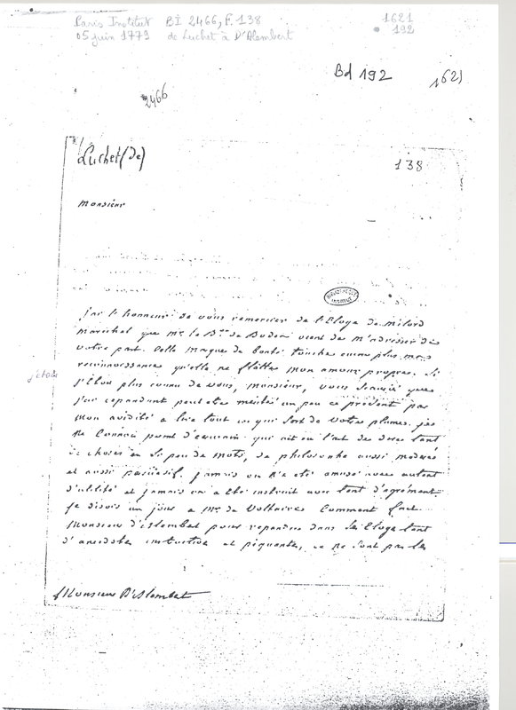 Lettre de Luchet à D'Alembert, 5 juin 1779 Lettre de Luchet à D'Alembert, 5 juin 1779
