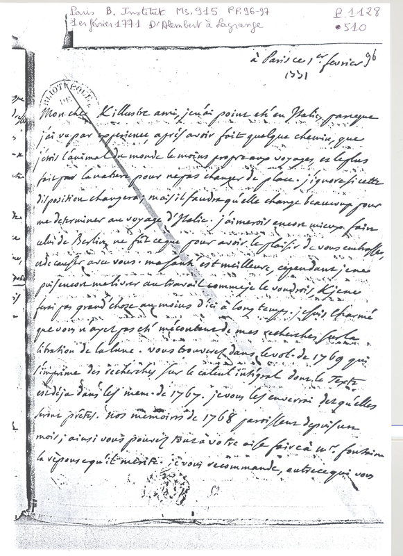 Lettre de D'Alembert à Lagrange, 1er février 1771 Lettre de D'Alembert à Lagrange, 1er février 1771