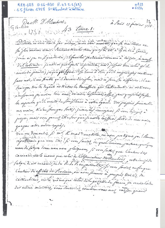 Lettre de D'Alembert à Voltaire, 15 février 1758 Lettre de D'Alembert à Voltaire, 15 février 1758