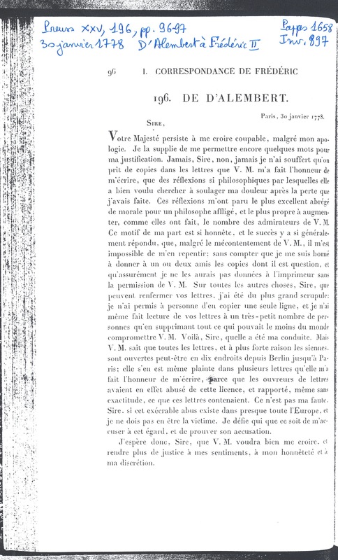 Lettre de D'Alembert à Frédéric II, 30 janvier 1778