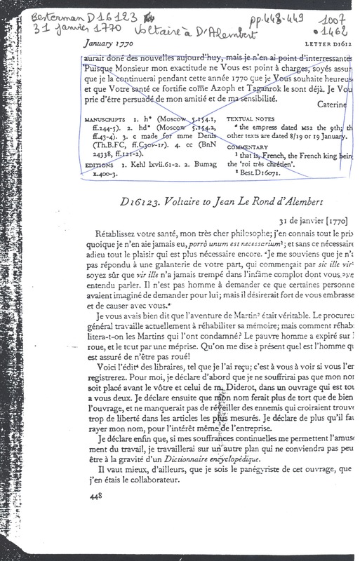 Lettre de Voltaire à D'Alembert, 31 janvier 1770 Lettre de Voltaire à D'Alembert, 31 janvier 1770
