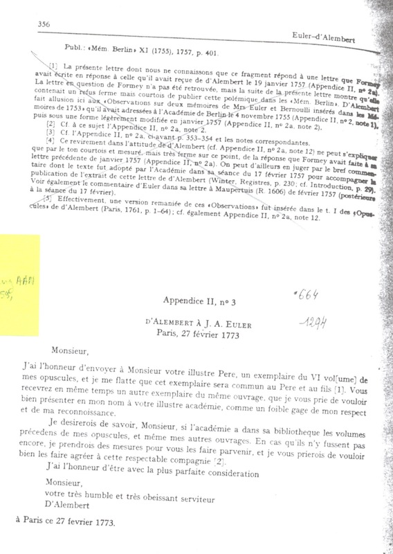 Lettre de D'Alembert à Euler Johann Albrecht, 27 février 1773 Lettre de D'Alembert à Euler Johann Albrecht, 27 février 1773
