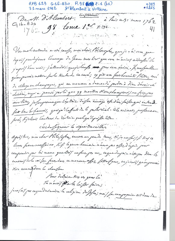 Lettre de D'Alembert à Voltaire, 31 mars 1762 Lettre de D'Alembert à Voltaire, 31 mars 1762
