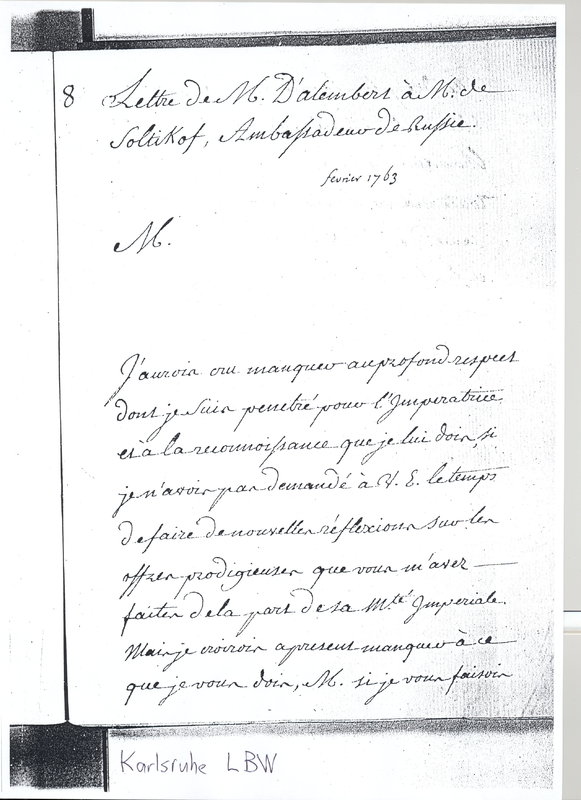 Lettre de D'Alembert à Saltykov, janvier 1763 Lettre de D'Alembert à Saltykov, janvier 1763