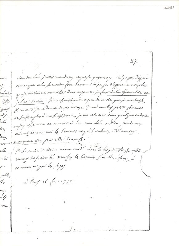 Lettre de D'Alembert à Mme Du Deffand (Vichy Chamron), 16 février 1753 Lettre de D'Alembert à Mme Du Deffand (Vichy Chamron), 16 février 1753