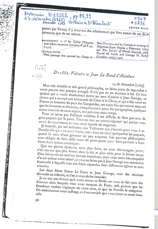 Lettre de Voltaire à D'Alembert, 13 décembre 1763 Lettre de Voltaire à D'Alembert, 13 décembre 1763