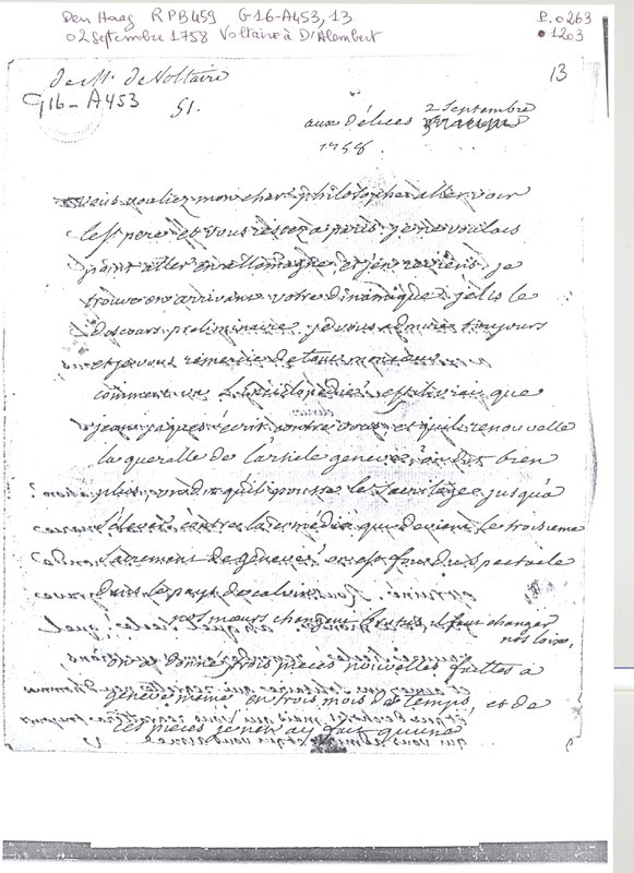 Lettre de Voltaire à D'Alembert, 2 septembre 1758 Lettre de Voltaire à D'Alembert, 2 septembre 1758