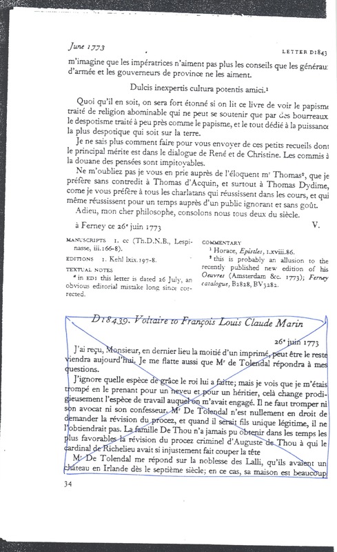 Lettre de Voltaire à D'Alembert, 26 juin 1773 Lettre de Voltaire à D'Alembert, 26 juin 1773