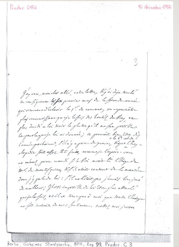 Lettre de D'Alembert à Prades, 10 décembre 1755 Lettre de D'Alembert à Prades, 10 décembre 1755