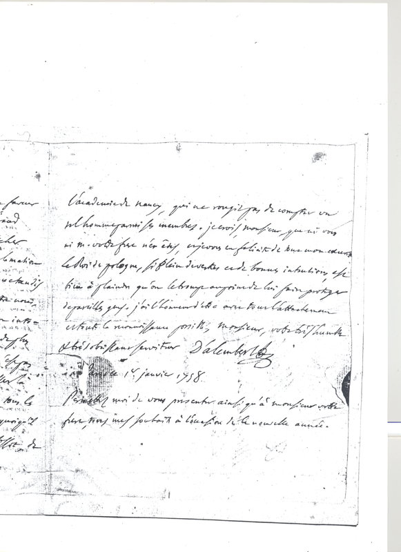 Lettre de D'Alembert à Durival Jean, 1er janvier 1758 Lettre de D'Alembert à Durival Jean, 1er janvier 1758