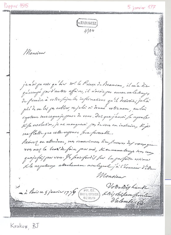 Lettre de D'Alembert à Massieu, 5 janvier 1776 Lettre de D'Alembert à Massieu, 5 janvier 1776