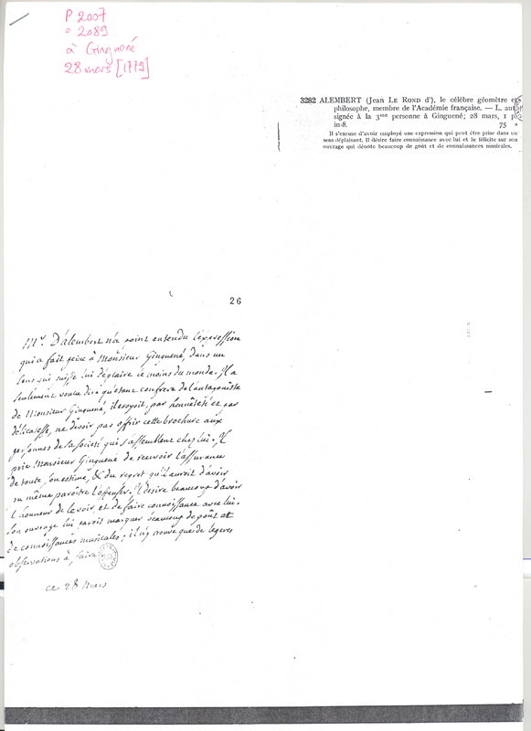 Lettre de D'Alembert à Ginguené, 28 mars 1779 Lettre de D'Alembert à Ginguené, 28 mars 1779