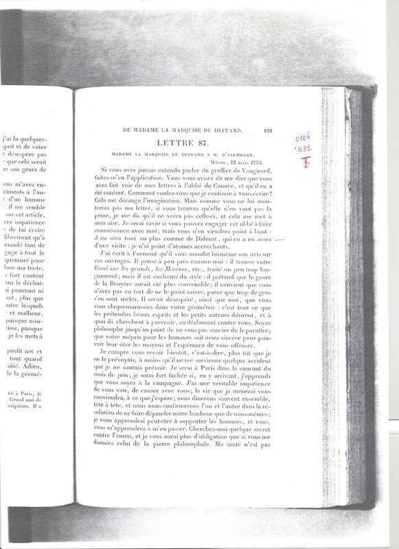 Lettre de Mme Du Deffand (Vichy Chamron) à D'Alembert, 22 mars 1753