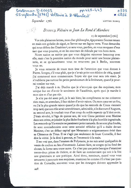 Lettre de Voltaire à D'Alembert, 15 septembre 1761 Lettre de Voltaire à D'Alembert, 15 septembre 1761