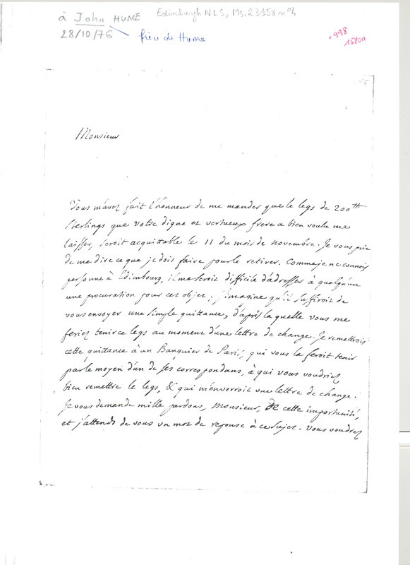 Lettre de D'Alembert à Hume John, 28 octobre 1776 Lettre de D'Alembert à Hume John, 28 octobre 1776