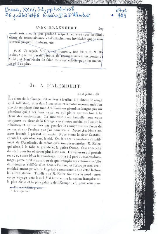 Lettre de Frédéric II à D'Alembert, 26 juillet 1766 Lettre de Frédéric II à D'Alembert, 26 juillet 1766