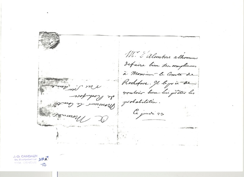 Lettre de D'Alembert à Rochefort d'Ally Jacques, 23 juillet 1772 Lettre de D'Alembert à Rochefort d'Ally Jacques, 23 juillet 1772