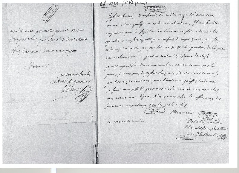 Lettre de D'Alembert à Argenson Marc René, novembre 1766 Lettre de D'Alembert à Argenson Marc René, novembre 1766