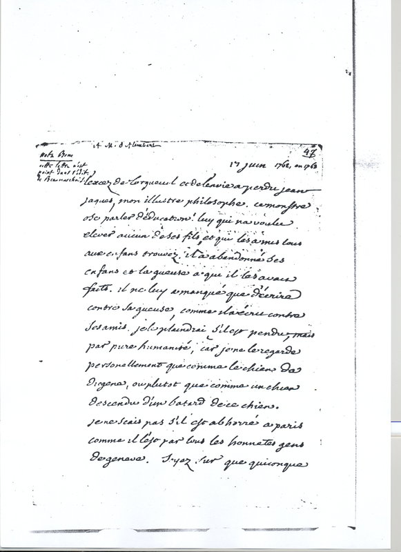 Lettre de Voltaire à D'Alembert, 17 juin 1762 Lettre de Voltaire à D'Alembert, 17 juin 1762