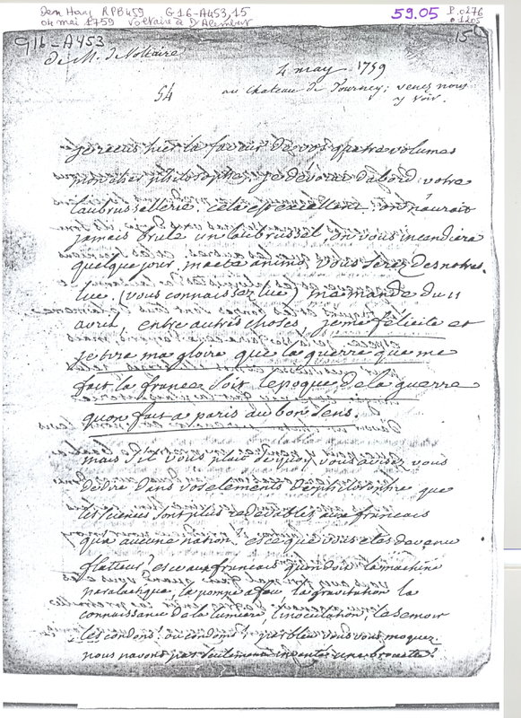 Lettre de Voltaire à D'Alembert, 4 mai 1759 Lettre de Voltaire à D'Alembert, 4 mai 1759