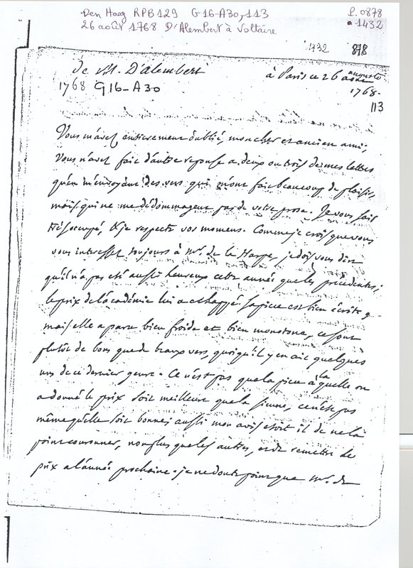 Lettre de D'Alembert à Voltaire, 26 août 1768 Lettre de D'Alembert à Voltaire, 26 août 1768