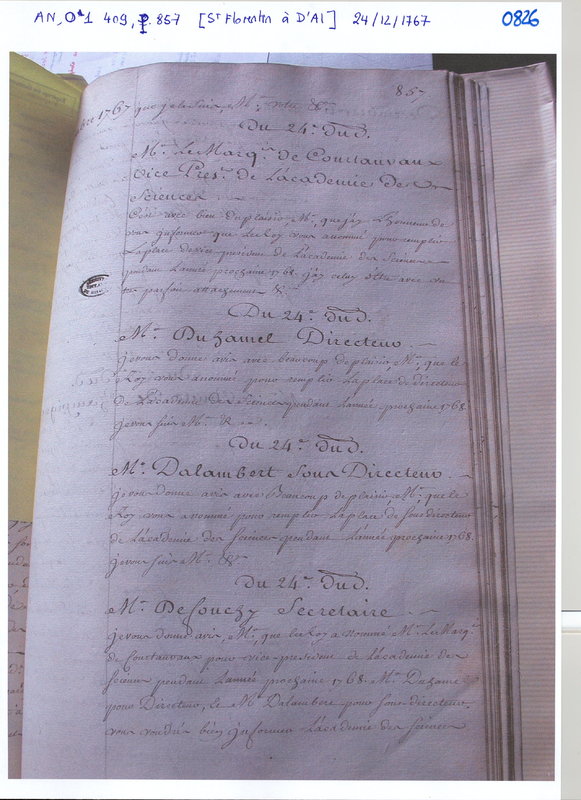 Lettre de Saint Florentin à D'Alembert, 24 décembre 1767 Lettre de Saint Florentin à D'Alembert, 24 décembre 1767