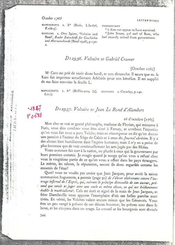 Lettre de Voltaire à D'Alembert, 16 octobre 1765 Lettre de Voltaire à D'Alembert, 16 octobre 1765